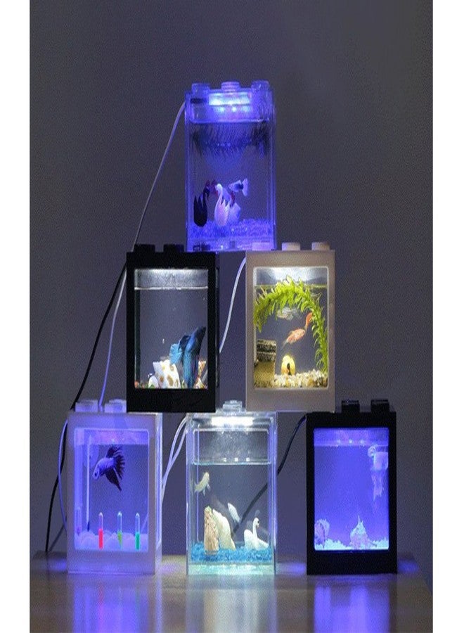 OMEM USB Mini Fish Tank, Desktop Micro-Landscape LED Aquarium Kit, Building Blocks Superimposed Fish Tank (Black) - Image 4